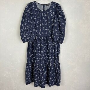Summersalt the tiered midi dress size L navy floral cotton poplin 3/4 sleeve NEW